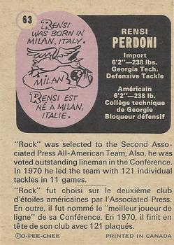 1971 O-Pee-Chee CFL #63 Rensi Perdoni Back