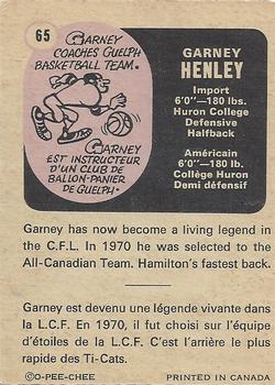 1971 O-Pee-Chee CFL #65 Garney Henley Back