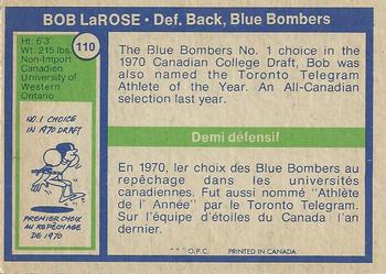 1972 O-Pee-Chee CFL #110 Bob LaRose Back