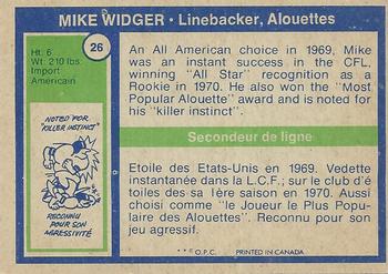 1972 O-Pee-Chee CFL #26 Mike Widger Back