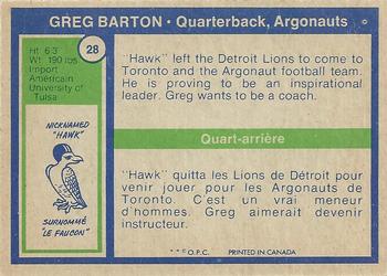 1972 O-Pee-Chee CFL #28 Greg Barton Back