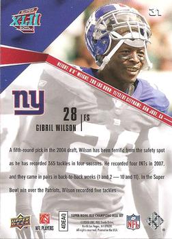 2008 Upper Deck Super Bowl XLII Box Set #31 Gibril Wilson Back