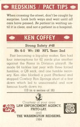 1984 Washington Redskins Police #13 Ken Coffey Back