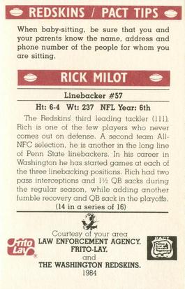 1984 Washington Redskins Police #14 Rich Milot Back