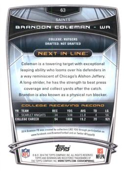 2014 Bowman - Rookies Rainbow Black #63 Brandon Coleman Back