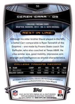 2014 Bowman - Rookies Rainbow Silver Ice #55 Derek Carr Back