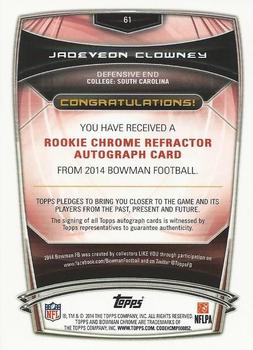 2014 Bowman - Chrome Rookie Autographs Blue Refractors #61 Jadeveon Clowney Back
