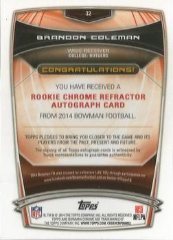 2014 Bowman - Chrome Rookie Autographs Refractors #32 Brandon Coleman Back