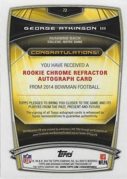 2014 Bowman - Chrome Rookie Autographs Refractors #72 George Atkinson III Back