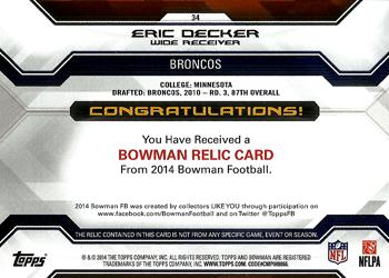 2014 Bowman - Relics #34 Eric Decker Back