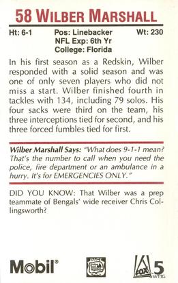 1989 Washington Redskins Police #58 Wilber Marshall Back