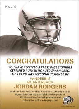 2013 Press Pass - Autographs Blue #PPS-JR Jordan Rodgers Back