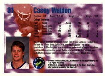 1992 Classic Blister #31 Casey Weldon Back