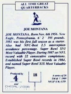 1989 All Time Great Quarterbacks #18 Joe Montana Back