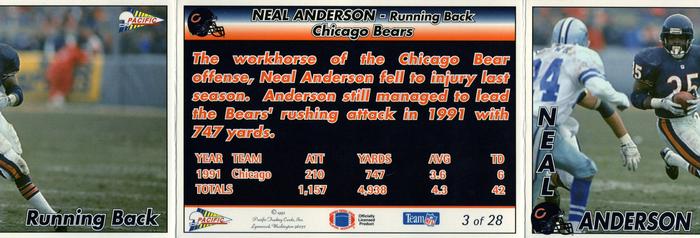 1992 Pacific Triple Folder #3 Neal Anderson Back