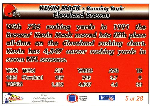 1992 Pacific Triple Folder #5 Kevin Mack Back