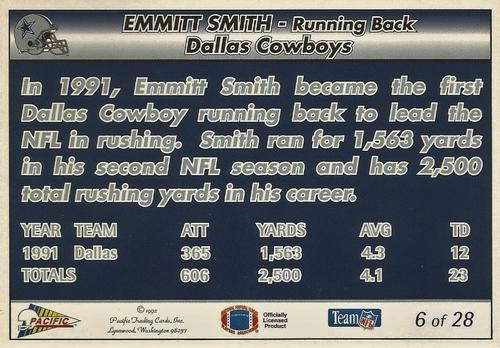 1992 Pacific Triple Folder #6 Emmitt Smith Back