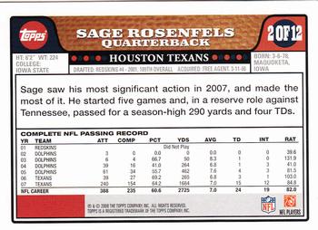 2008 Topps Houston Texans #HOU2 Sage Rosenfels Back
