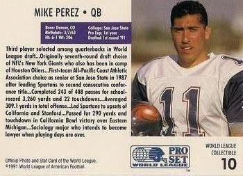 1991 Pro Set WLAF World Bowl Combo #10 Mike Perez Back