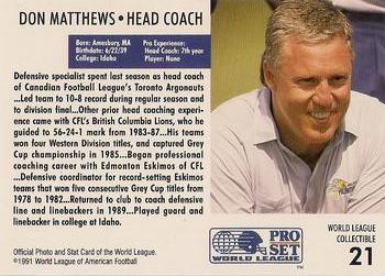 1991 Pro Set WLAF World Bowl Combo #21 Don Matthews Back