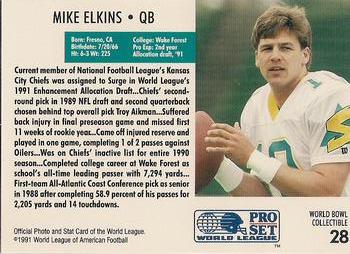 1991 Pro Set WLAF World Bowl Combo #28 Mike Elkins Back