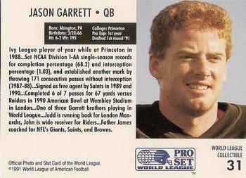 1991 Pro Set WLAF World Bowl Combo #31 Jason Garrett Back