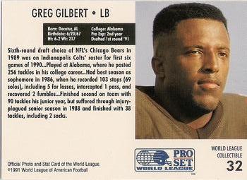 1991 Pro Set WLAF World Bowl Combo #32 Greg Gilbert Back