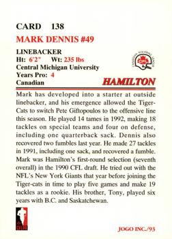 1993 JOGO #138 Mark Dennis Back