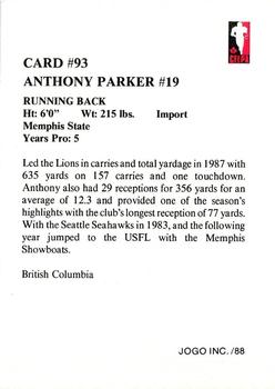 1988 JOGO #93 Anthony L. Parker Back