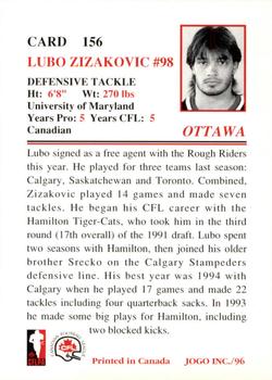 1996 JOGO #156 Lubo Zizakovic Back
