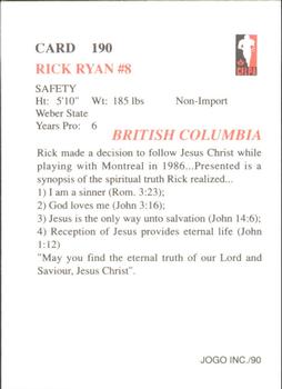 1990 JOGO #190 Rick Ryan Back