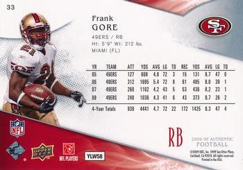2009 SP Authentic #33 Frank Gore Back