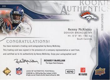 2009 SP Authentic #319 Kenny McKinley Back