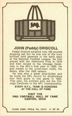 1975 Fleer Football Patches - Immortal Roll #11 Paddy Driscoll Back