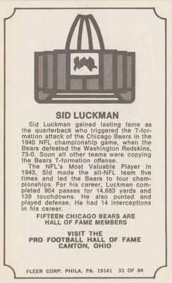 1975 Fleer Football Patches - Immortal Roll #33 Sid Luckman Back