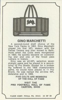 1975 Fleer Football Patches - Immortal Roll #34 Gino Marchetti Back