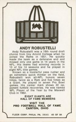 1975 Fleer Football Patches - Immortal Roll #40 Andy Robustelli Back