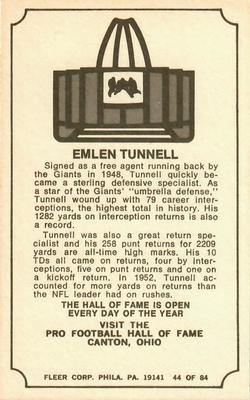 1975 Fleer Football Patches - Immortal Roll #44 Emlen Tunnell Back
