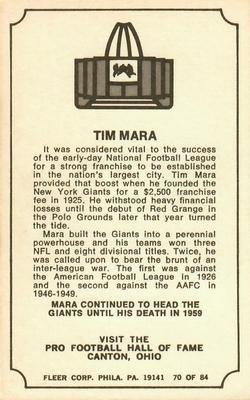 1975 Fleer Football Patches - Immortal Roll #70 Tim Mara Back