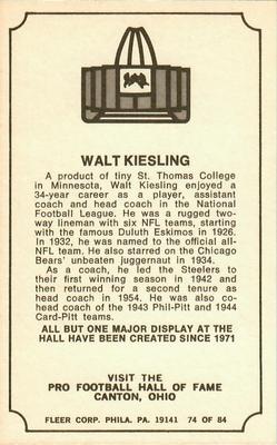 1975 Fleer Football Patches - Immortal Roll #74 Walt Kiesling Back