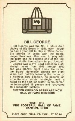 1975 Fleer Football Patches - Immortal Roll #77 Bill George Back