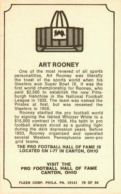 1975 Fleer Football Patches - Immortal Roll #78 Art Rooney Back