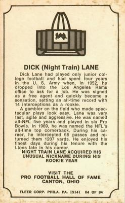 1975 Fleer Football Patches - Immortal Roll #84 Dick Lane Back