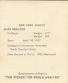 1964 Kahn's Wieners #NNO Alex Webster Back
