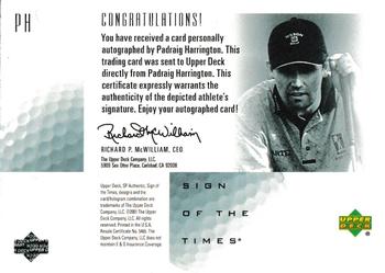 2001 SP Authentic - Sign of the Times #PH Padraig Harrington Back