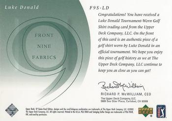 2002 SP Game Used - Front 9 Fabric #F9S-LD Luke Donald Back