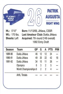 1992-93 St. John's Maple Leafs (AHL) #NNO Patrik Augusta Back