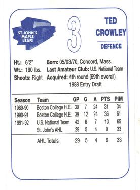 1992-93 St. John's Maple Leafs (AHL) #NNO Ted Crowley Back