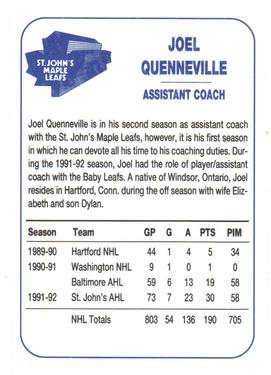 1992-93 St. John's Maple Leafs (AHL) #NNO Joel Quenneville Back