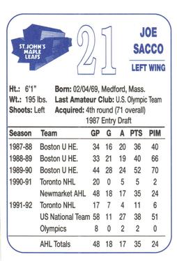 1992-93 St. John's Maple Leafs (AHL) #NNO Joe Sacco Back